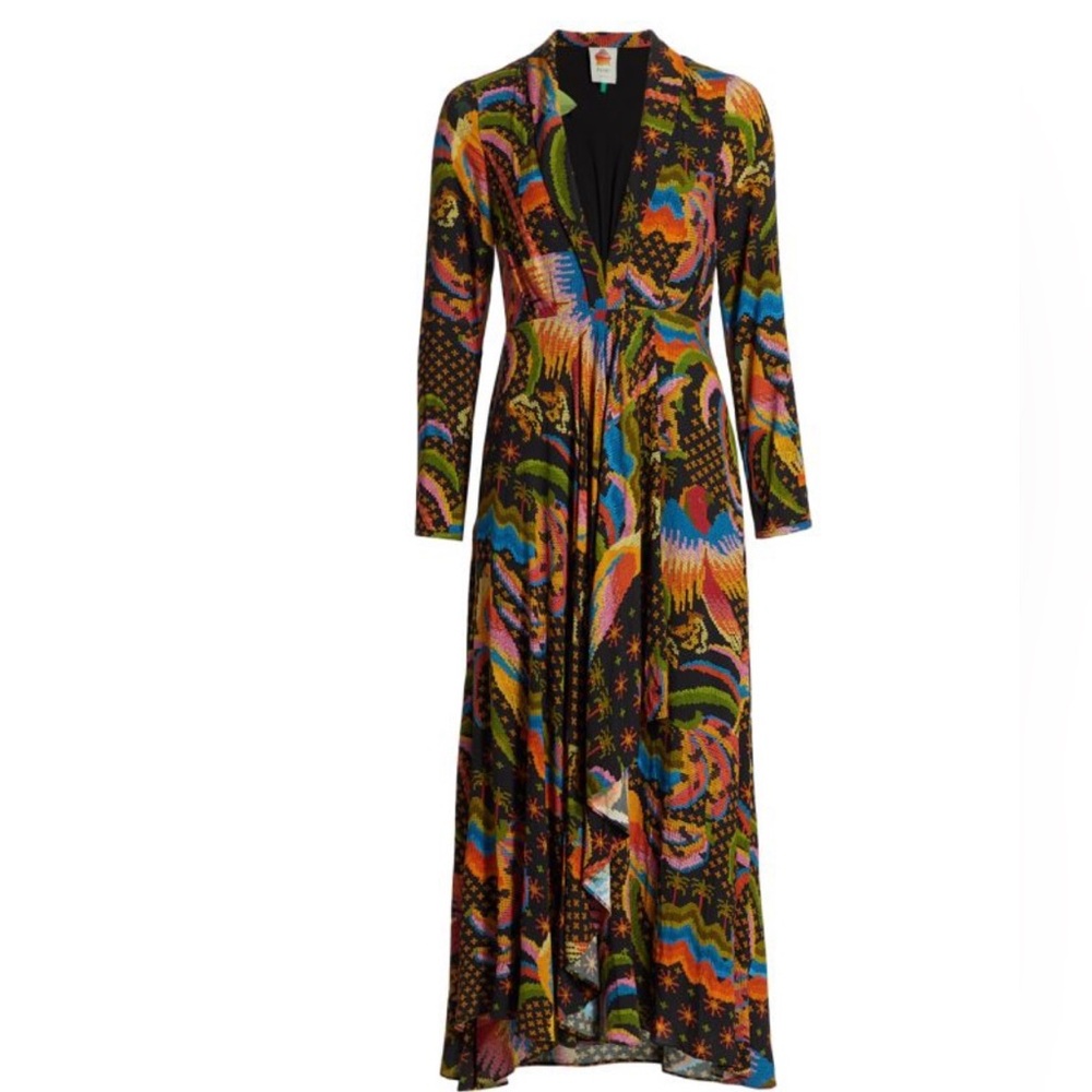 NEW Farm Rio Maxi Dress Macaw Island Print L/S Black Bird Multi Print Boho Small - Picture 7 of 7